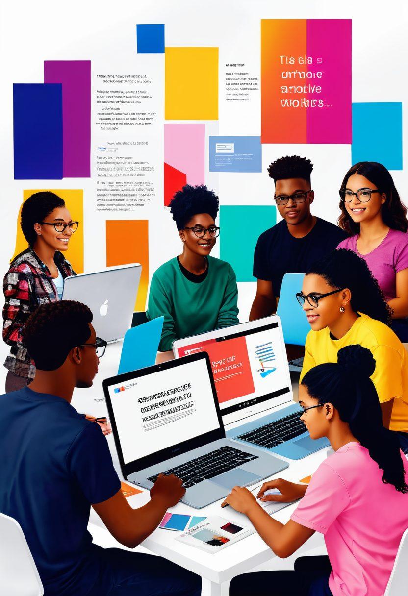A vibrant digital workspace featuring a diverse group of young adults collaborating on their digital portfolios. Include laptops with colorful graphics, documents showing creative designs, and a confident individual presenting their work. The background should have motivational quotes and a splash of colors to evoke a sense of purpose and creativity. super-realistic. vibrant colors. white background.