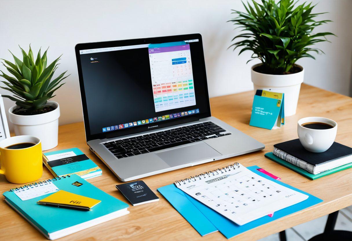 A modern workspace featuring a laptop displaying a beautifully designed Europass CV and an engaging digital portfolio. Surround it with colorful stationery, motivational quotes, and a cup of coffee for a lively yet professional atmosphere. Include elements like a calendar with career goals and a plant for a touch of freshness. The overall composition should radiate positivity and inspiration. super-realistic. vibrant colors.
