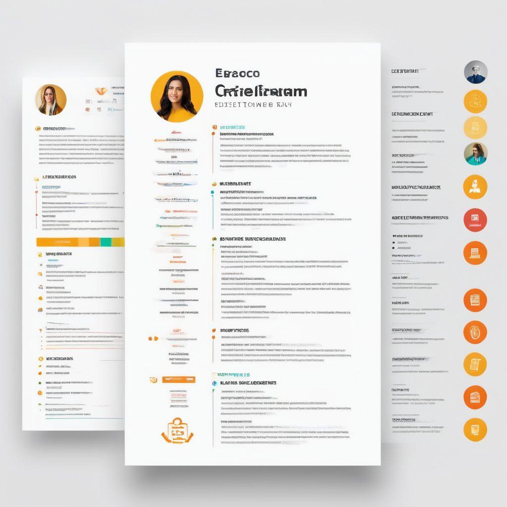 An expertly crafted CV layout showcasing different sections like education, experience, and skills, each beautifully arranged with vibrant icons symbolizing success. In the background, a person confidently holds their CV, surrounded by a bright, welcoming office environment. The overall feel should inspire professionalism and achievement. super-realistic. vibrant colors. white background.